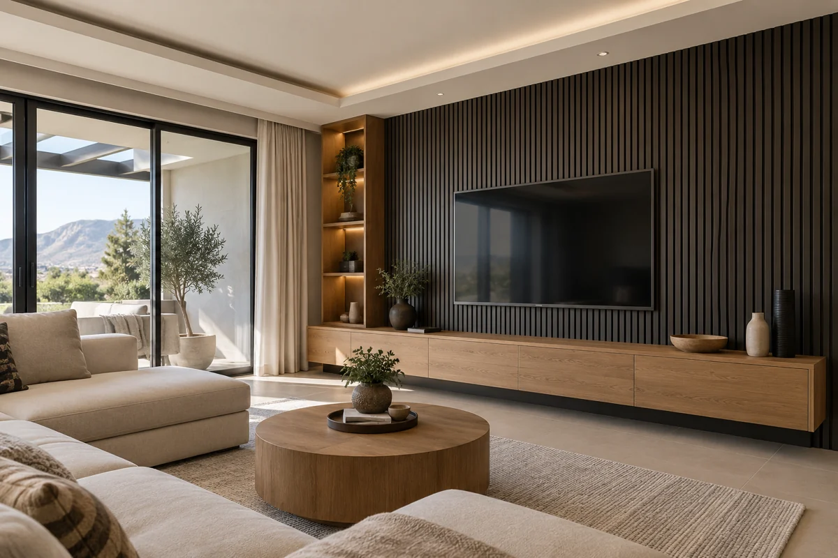 Oak media console and slatted feature wall design inspiration